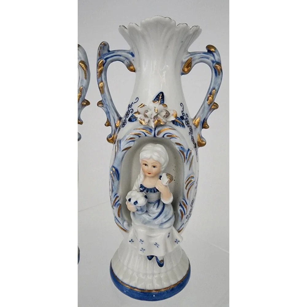 Allied Japan Porcelain Figural Vases Set of 2 Blue White Gold Victorian 3D EXC